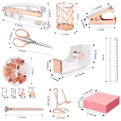 Rose Gold Office Supplies and Accessories, Acrylic Stapler, Staple Remover, Tape Holder, Ballpoint Pen, Scissor, Binder Clips, Staples, Phone Holder, Ruler, Transparent Glue and 300 Notes