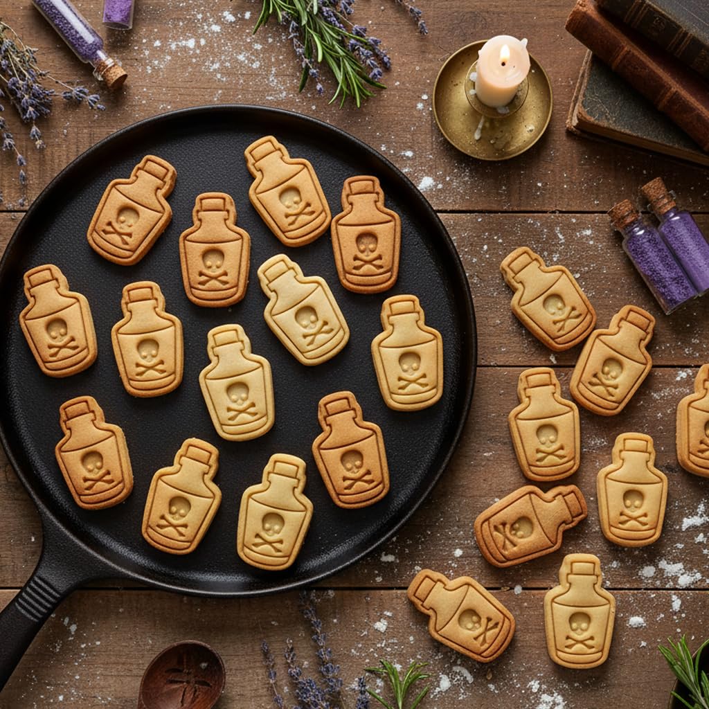 BAKERLOGY Poison Potion Mini Cookie Cutter and Stamp Set – Spooky Magic Bottle Fondant Embosser for Halloween Baking, Witchy Party, Gothic Cupcake Topper