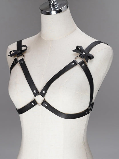Adjustable PU Leather Chest Harness for Women, Alloy Ring Body Strap with Bow, Gothic Punk Fashion Accessory for Festival, Rave, Clubwear, Cosplay Outfits(Fit Bust 28.7-37.4in) Black