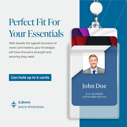 Will Well ID Badge Holders with Holes for Lanyards and Keyrings - Vertical Clear Plastic 2.5" x 3.7" Inner Size Sleeves Fit Up to 3 Cards, 0.8mm Thick Waterproof Resealable Zip Type - 6-Pack