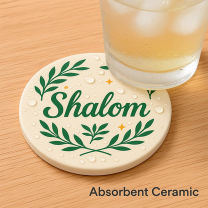 Shalom Coasters Set of 4 Ceramic Drink Coasters with Olive Branch Peace Design Absorbent Stone Coasters with Cork Base Christian & Jewish Gifts Religious Table Decor for Home Holidays