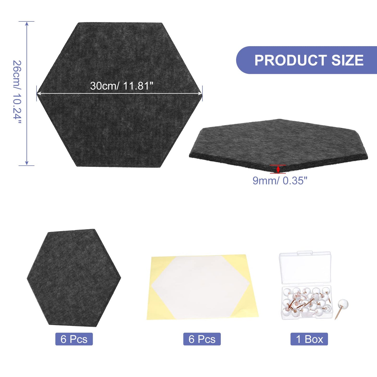 PATIKIL Felt Bulletin Board, 12"x10", 6 Packs Self Adhesive Hexagon Felt Tiles for Sound Proofing Wall Panels for Home Office Recording Studio,Game Room, Black