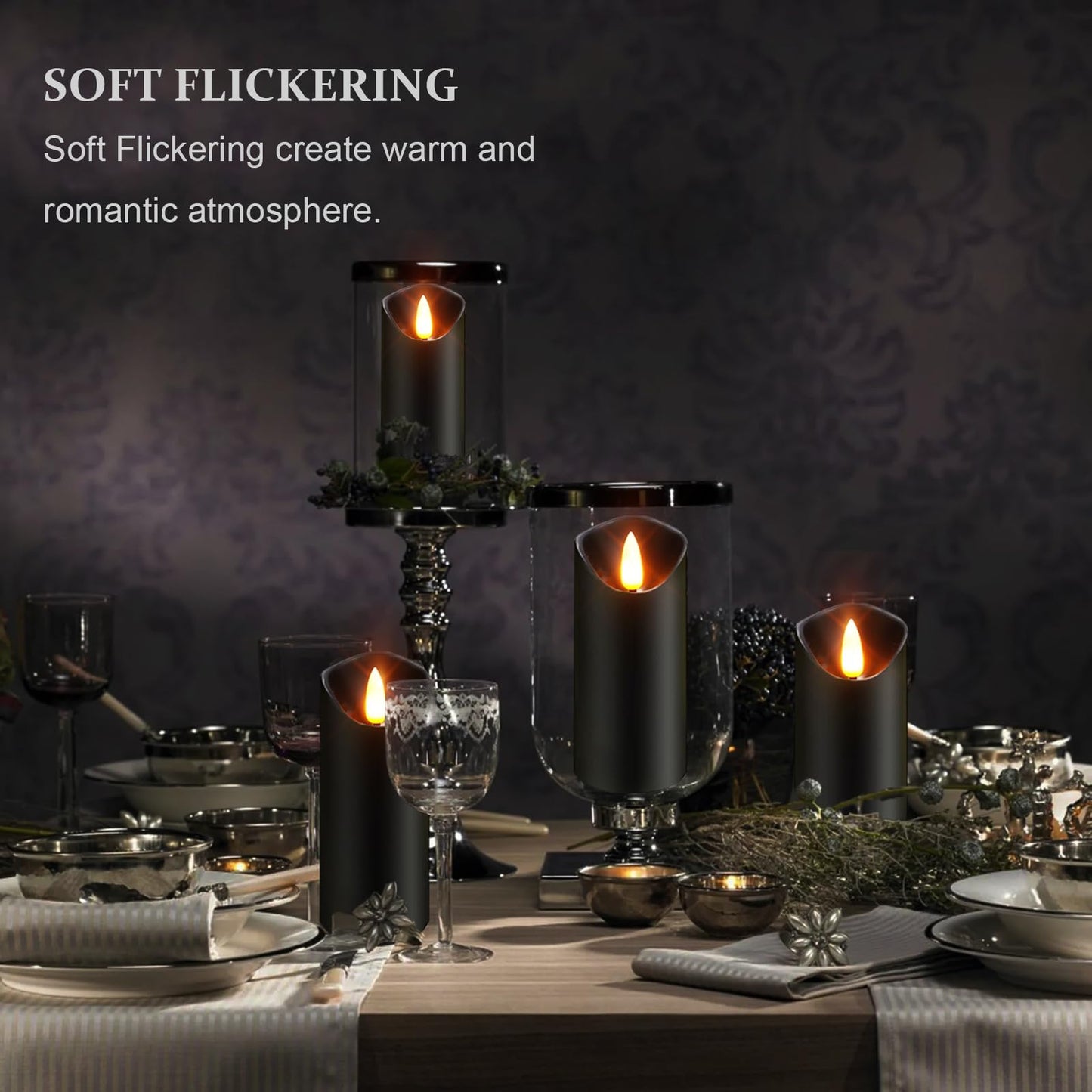 Black Pillar Flameless Candles 3D Wick with Controller,led Slim Candles Flicering Flame,Battery Operated Fake Plastic Candles for Halloween Christmas,Party Décor.(5Pack H 5" 5" 6" 6" 7" x D 2.2")