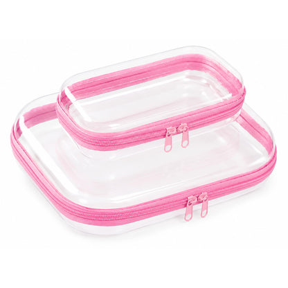 2-Pack Clear Hardshell Zipper Case, 1.2mm Thicken Crush-Proof Travel Toiletries Bag, TSA Approved Portable Zipper Pouches, Rigid Toiletry & Diaper Bag Organizer for Tech, Toys & Art Supplies(Pink)