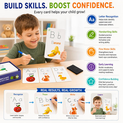 Write & Wipe Activity Cards for Kids, Reusable Tracing Flash Cards, Preschool Handwriting Practice Set, Letter Number Math Learning Activities Ages 3-6 (Letter Tracing)