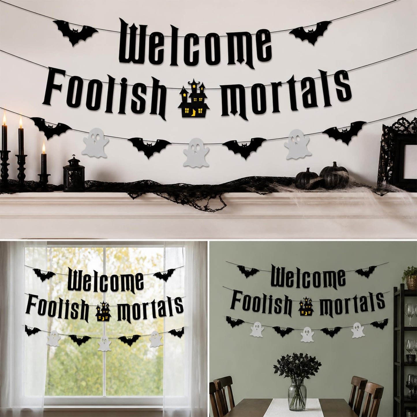 Welcome Foolish Halloween Mortals Banner Party Decorations Glitter Halloween Haunted House Gothic Mansion Decor Bat Spider Ghost Theme Sign for Indoor Laundry Room Farm Bar Home Wall Mantle Decor