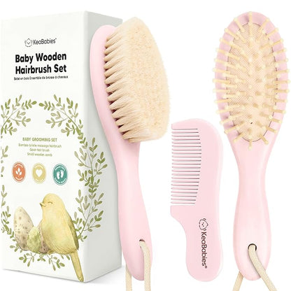 Baby Hair Brush Set for Newborns - Soft Goat Bristle Wooden Baby Brush and Comb Set Newborn Grooming Kit for Cradle Cap, Durable & Gentle, Boy, Girl Infant Essentials Care Kit (Regular, Blush)