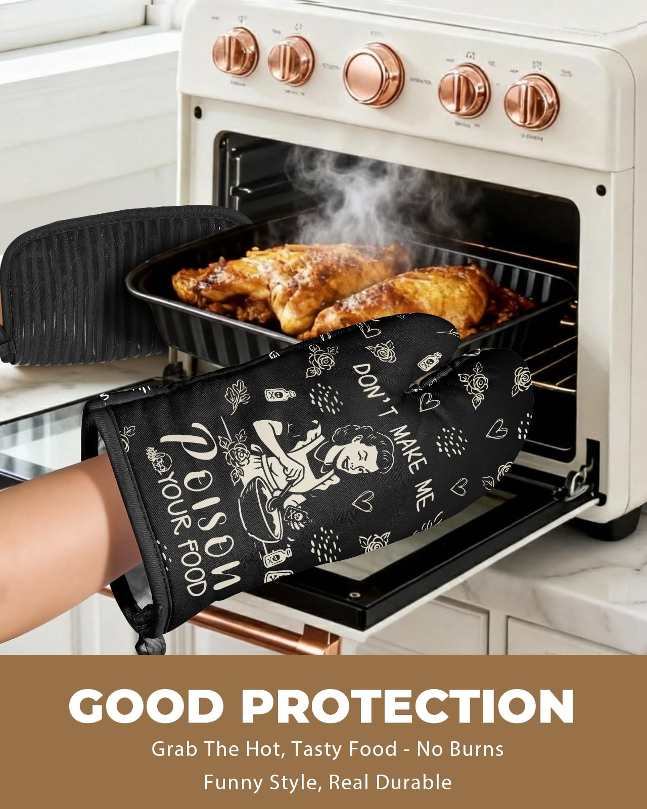 Slohif Funny Oven Mitts and Pot Holder for Women - Heat Resistant Black Cute Novelty Kitchen Oven Mittens 100% Cotton, Non-Slip Silicone Surface Pot Holder for Baking and Cooking Accessories