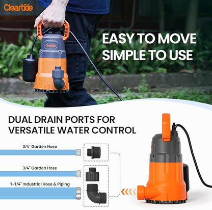 Cleartide Submersible Water Sump Pump with Float Switch, 1/2 HP 3060 GPH High Flow, Ideal for Yard and Flooded Cellar, Hot Tub, Garden Irrigation, Debris-Handling up to 3/8", 10 FT Cord