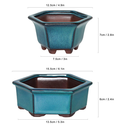 Bonsai Planter 2pc Small Succulent Glazed Pots 4.9" and 6.1" + 6 Soft Mesh Drainage Screens