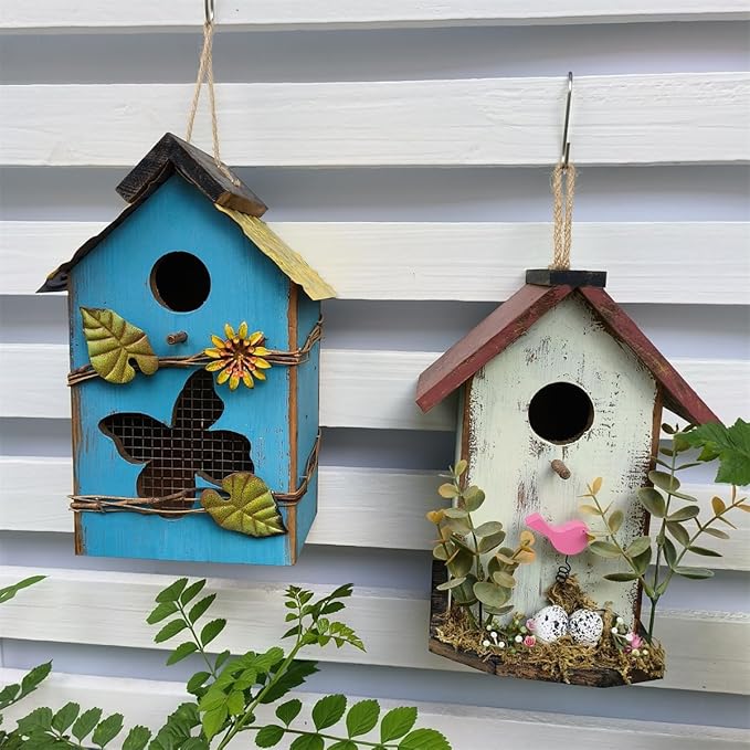 Wood Bird House for Outside, 10" H Hanging Bird House with Waterproof Metal Roof, Vintage Rustic Decorative Birdhouse Wooden Bird Nest Box for Outdoor Garden Yard Decorations (Blue)