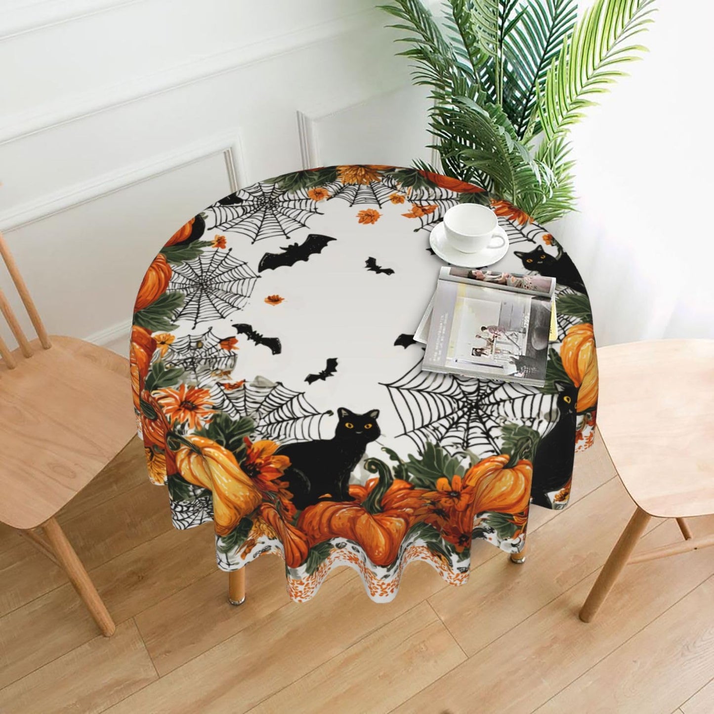 Halloween Pumpkin Bat Round Tablecloth 60 Inch, Black Cat Decorations Round Table Cloth for Halloween Holiday Picnic Party Kitchen/Home Dining Decor