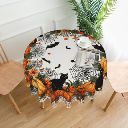 Halloween Pumpkin Bat Round Tablecloth 60 Inch, Black Cat Decorations Round Table Cloth for Halloween Holiday Picnic Party Kitchen/Home Dining Decor