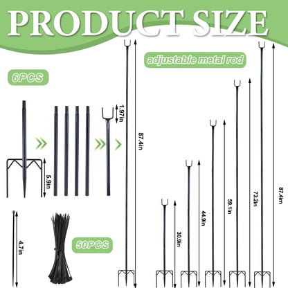 6 Pack 7.2ft Metal Garden Netting Support Stakes, Heavy Duty Garden Netting Pole with 50 Tie Rustproof Gardening Fence Stake Crop Cage Protection Post Frame for Support Fruits Garden Bed Plant Net
