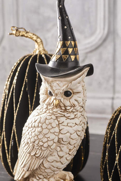 K&K Interiors 14 Inch White and Gold Owl with Witch Hat On Gold Jack O Lantern