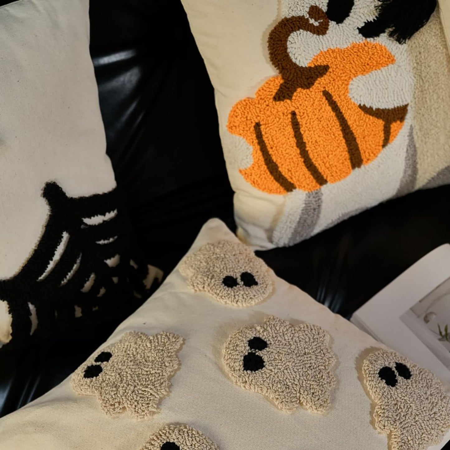 OFDNE Halloween Pillow Covers 18x18 inch Cute White Ghost Fall Throw Pillow Cases Soft Plush Faux Fur Wool Couch Cushion Case for Chair Sofa Bedroom Living Room Home Decor Autumn