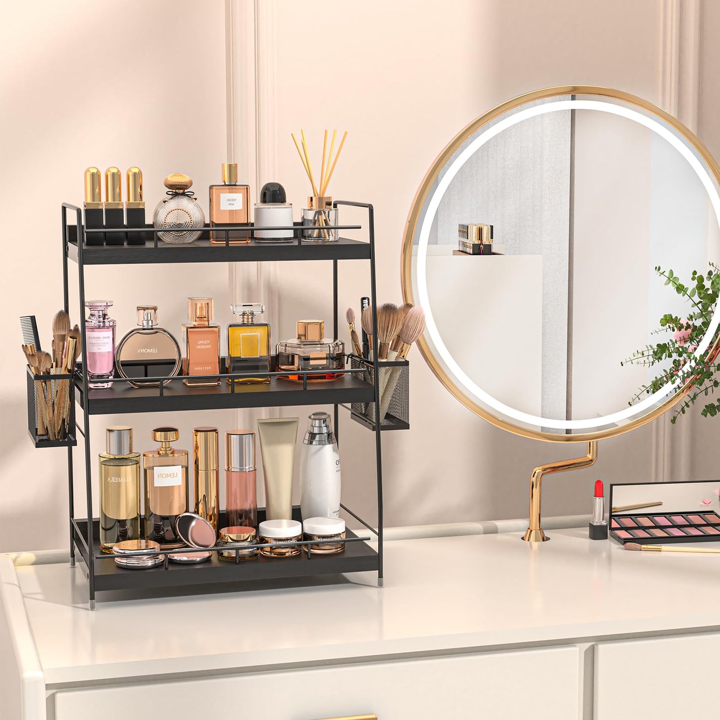 BSTSLL Bathroom Counter Organizer,Bathroom Countertop Organizer with Baskets,Vanity Organizers,Counter Shelf,Countertop Storage, Makeup Organizers(Black)