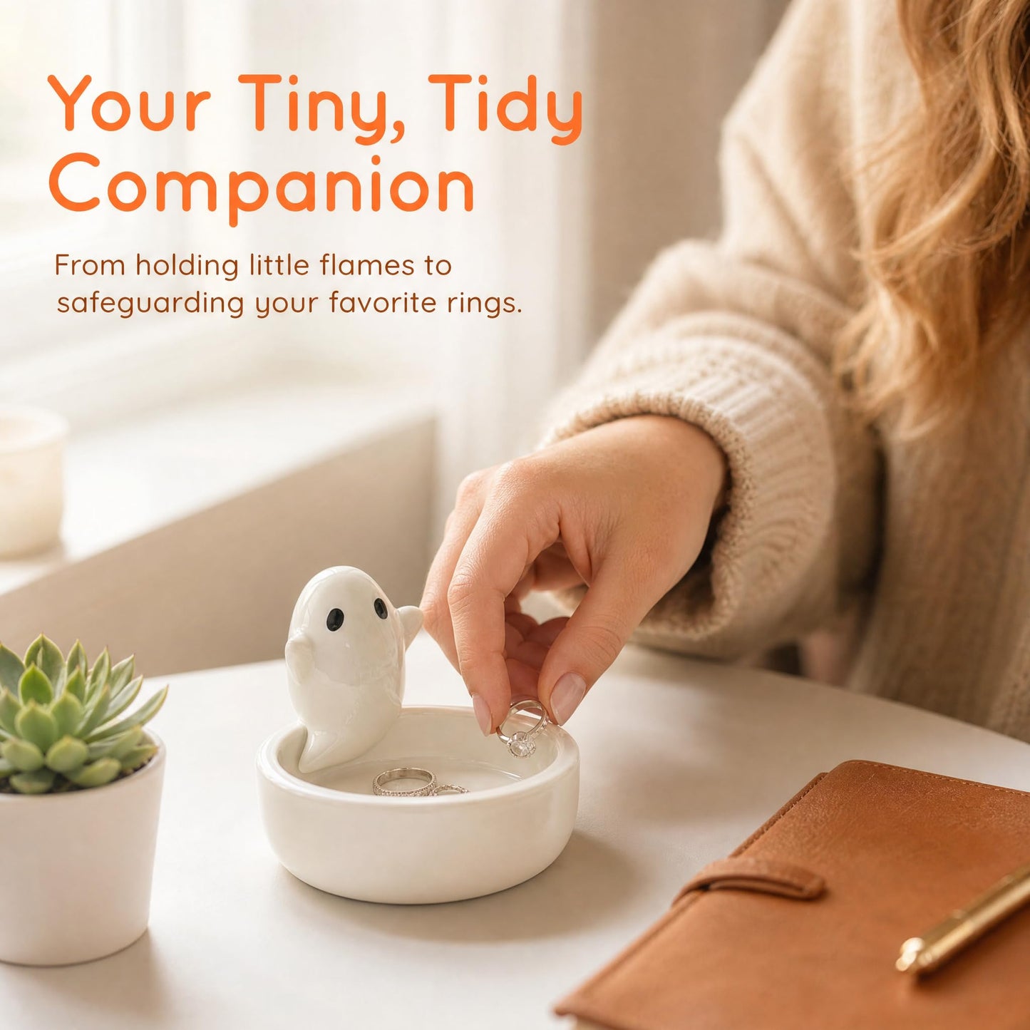 Auxillerron Ceramic Ghost Tealight Candle Holder, Cute Spooky Room Decor for Desk and Nightstand, Kawaii Witchy Aesthetic Small Votive Stand