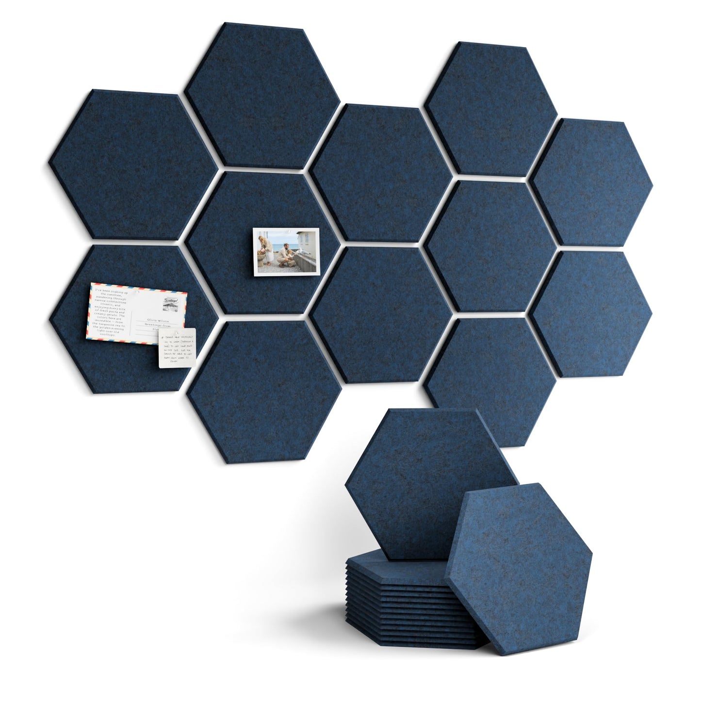 Fluxynara Hexagon Cork Board Alternative for Walls Decor-12-Pack Felt Bulletin Board Tiles,with 30 Pushpins,70 Adhesive Tabs for Office,Classrooms & Home Pin Board Felt Board-Carbon Blue