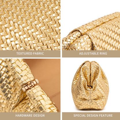 PHILOMENA Women's Woven Evening Bag Vegan Leather Clutch Purse Dumpling Ruched Bag Party Wedding Elegant Handbags (Gold Woven)