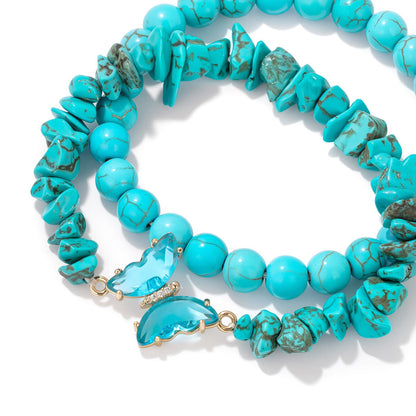 GolbalJew Turquoise Beaded Bracelet for Women Healing Crystal Stone Bracelets Blue Beads Stretch Bracelet Butterfly Charms Jewelry Women Gift
