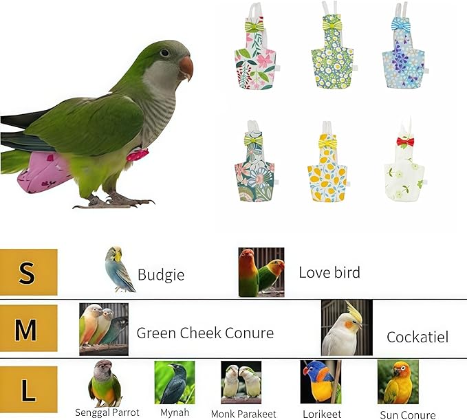 6-Piece Bird Diaper Set for Parrots, Reusable Protective Flight Suits with Waterproof Inner Layer, Washable Urine Wet Suit for Cockatiel, Parakeet, Budgie, and Small Birds (M)
