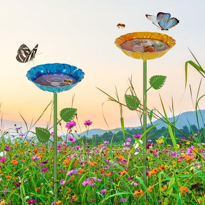 Retyion Bee Watering Station | 2 Pack Bee Baths for Garden | Metal Flowers Decorative Garden Stakes | Butterfly Feeder for Outside Garden Yard Decor (Blue,Yellow)