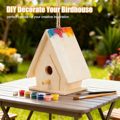 4Pcs Unfinished Wooden Bird House, Hanging Birdhouse for Outside Wood Bird Nests Box with Pole Creative Unpainted DIY Crafts Bird Houses for Garden Courtyard Decor