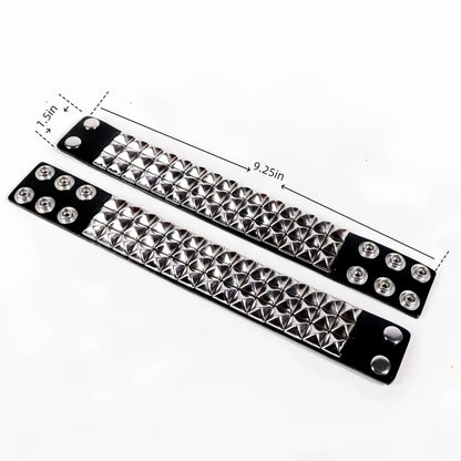 SCOPLATY Genuine Leather Bracelet Cuff with Spikes studded Rivets - Adjustable Metal Wristband for Men Women, 80s Goth Rock Accessories (Silver, Width 1.5 Three-row)