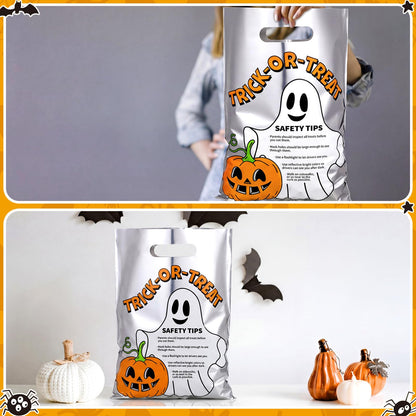 Hosuly 100 Pcs Trick or Treat Reflective Goodie Bags Bulk Halloween Plastic Gift Bags Safety Tips with Handles for Halloween Trick or Treat Themed Party Favors