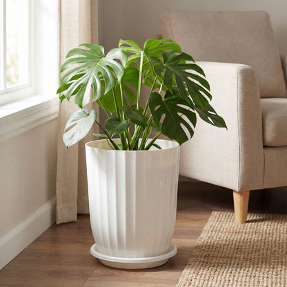 Briwooody 2 Pcs Tall Planter 15" Large Round Plastic Plant Pots with Drainage Hole and Tray White Modern Planter for Indoor Outdoor Plants Home Office Kitchen Bedroom Living Room Porch Patio Decor