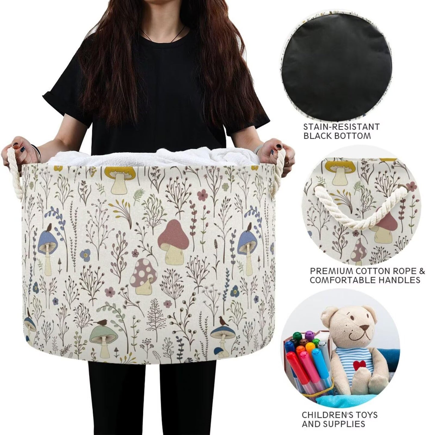 Retro Mushroom Print Round Storage Basket Mushroom Wild Plant Large Laundry Hamper 20 x 20 x 14 Inches Organizer Bin with Cotton Rope Handles Clothes Storage Bag for Nursery Bedroom Living Room Decor