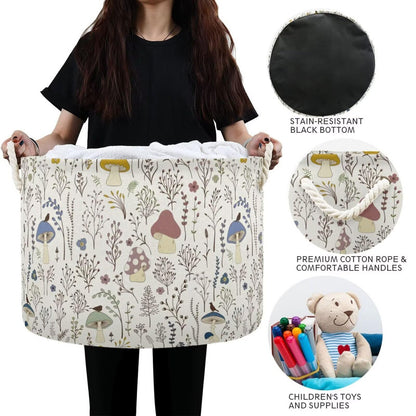 Retro Mushroom Print Round Storage Basket Mushroom Wild Plant Large Laundry Hamper 20 x 20 x 14 Inches Organizer Bin with Cotton Rope Handles Clothes Storage Bag for Nursery Bedroom Living Room Decor
