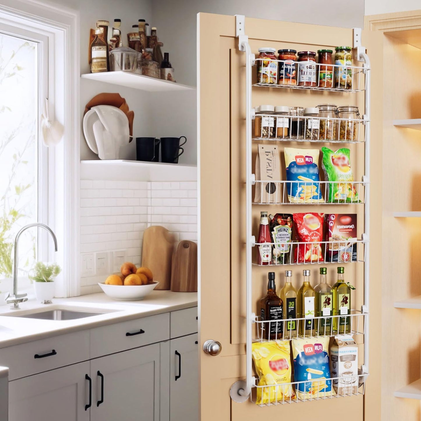 Delamu Over the Door Pantry Organizer, 6-Tier Pantry Organizers and Storage, Metal Cabinet Door Organizer, Hanging Spice Rack Shelves for Home & Kitchen, D5 x W18 x H50 inch, White