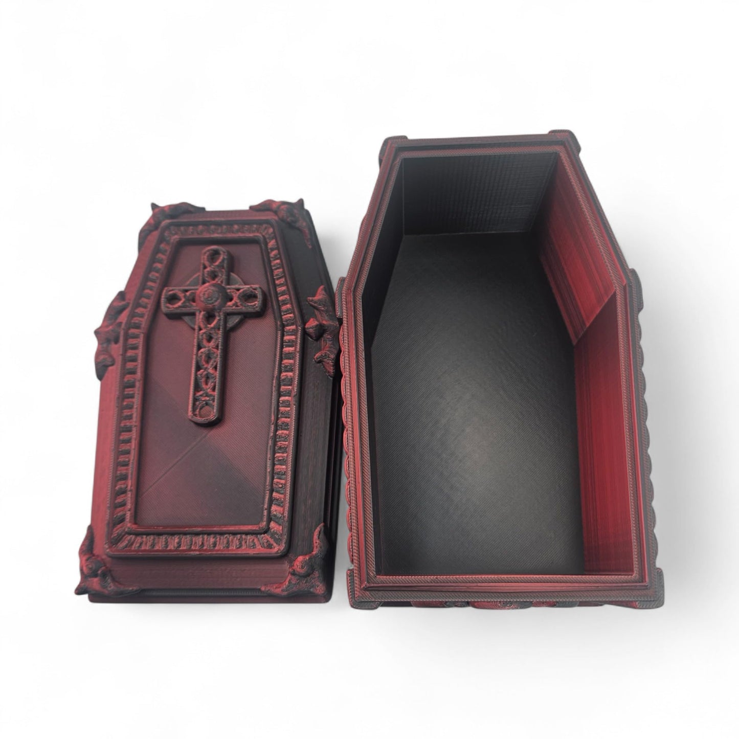 ZZ LIFE Coffin Display Container – Gothic Halloween Storage Box – Spooky Decorative Prop for Desk or Shelf – 3D Printed Creepy Organizer – Goth Inspired Display Case (Red/Black)