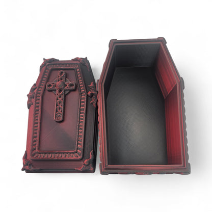 ZZ LIFE Coffin Display Container – Gothic Halloween Storage Box – Spooky Decorative Prop for Desk or Shelf – 3D Printed Creepy Organizer – Goth Inspired Display Case (Red/Black)