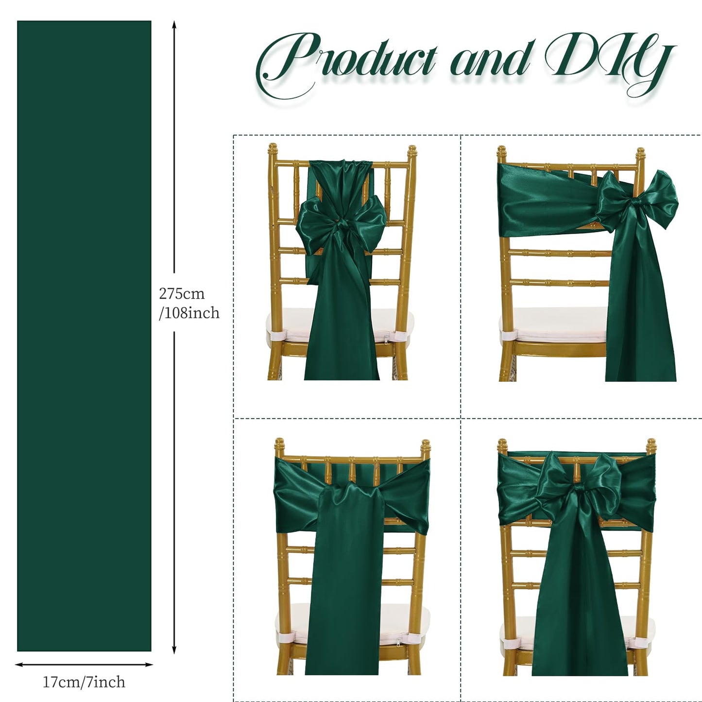 LOKUME Satin Chair Sashes - Dark Green Ribbon Ties for Wedding, Birthday, Banquet & Event Decoration (50 PCS, 7 x 108 Inch)