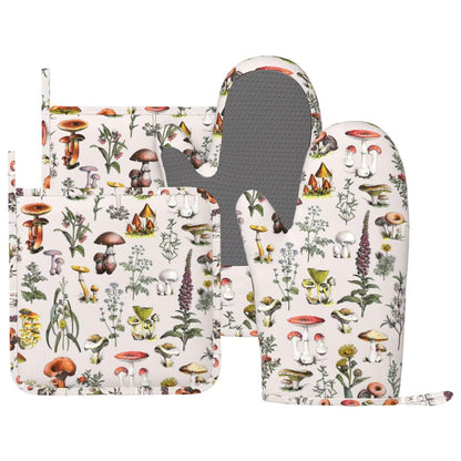 CEVIOLINRE Vintage Botanical Oven Mitts and Pot Holders Set Silicone Heat Resistant Plants Herbs Mushroom Kitchen Gloves Set Nature Floral Kitchen Mittens Pot Holders for BBQ Cooking Baking Grilling