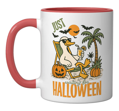 Funny Summerween Goose Beach Just Waiting For Halloween Duck Ceramic Mug, Red/White