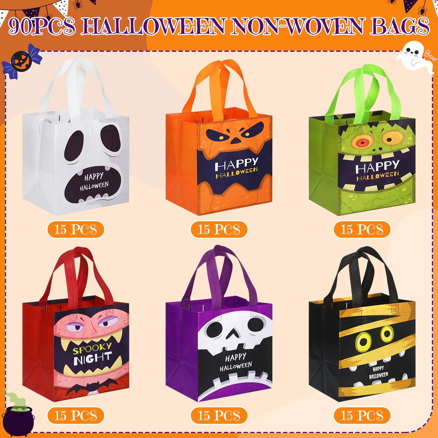 Chapou 90 Pcs Halloween Tote Bags Bulk Treat Gift Candy Goodie Bags with Handles Multifunctional Non Woven for Halloween Party Give Away