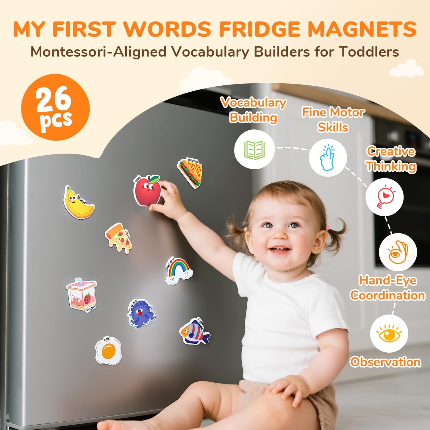 JoyCat Fridge Magnets for Toddlers & Kids – 26 Cute A-Z Objects, Large Magnetic Refrigerator Toys, Fun Educational Learning Gifts for Girls and Boys 2 3 4 5 Years Old