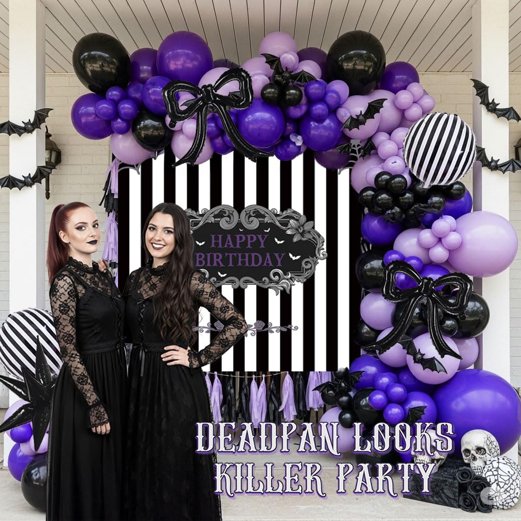 Purple Black Balloon Arch Garland Kit with Bow Star Mylar balloons and Gothic Birthday Backdrop Black white striped balloons for Gothic Girl TV Drama Decorations Spooky Halloween k pop Party Supplies