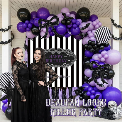 Purple Black Balloon Arch Garland Kit with Bow Star Mylar balloons and Gothic Birthday Backdrop Black white striped balloons for Gothic Girl TV Drama Decorations Spooky Halloween k pop Party Supplies