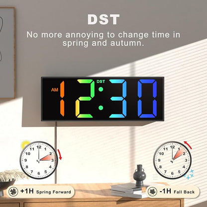 JALL Digital Wall Clock Large Display with Big LED Numbers, Remote Control, 8 RGB Colors, Auto DST, Night Light for Classroom Living Room Bedroom Birthday Gift for Senior, Men Women (Black)
