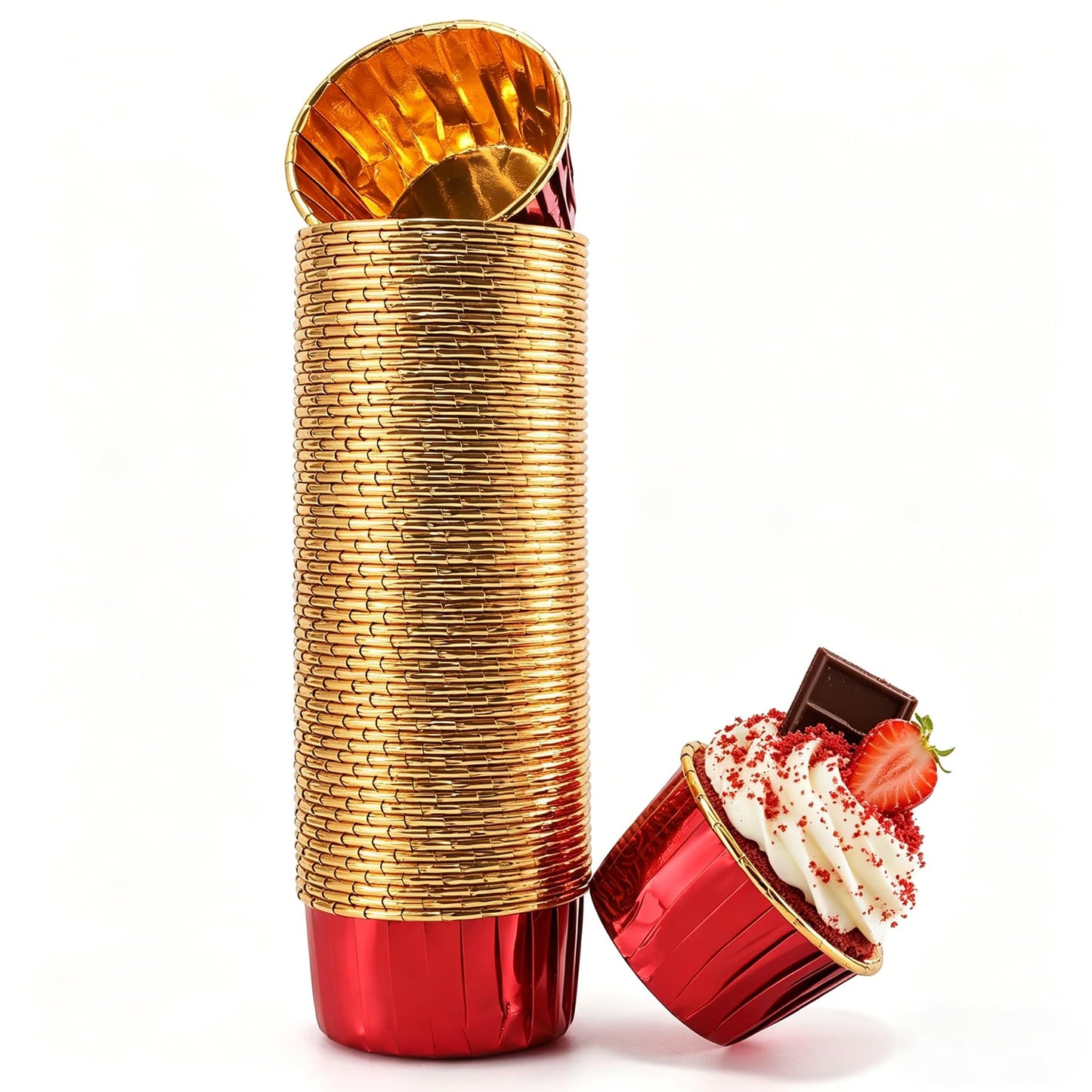 TRUSBER Red and Gold Foil Cupcake Liners,100 pcs Disposable Muffin Liners 3.5 Oz Wrappers for Baking, Metallic Muffin Paper Cases Baking Cups Valentines Day, Mother's Day Cupcake Liners