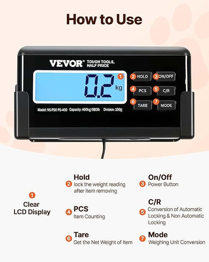 VEVOR 880Lbs x 0.2Lbs Livestock Scale Shipping Scales Large Platform 40.6x20.9Inch Stainless Steel Vet Scale Industrial Floor Scale Large Animal Dog Pig Scale Goat Weight Scale Pet Digital Scale