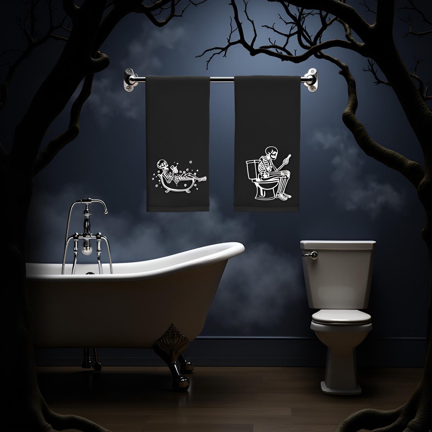 2 Pack Luminous Halloween Hand Towels 100% Cotton Embroidered Skull Halloween Kitchen Towels Glow in The Dark Black Skeleton Bathroom Towels Seasonal Bathroom Decor (Black Skeleton, Halloween)