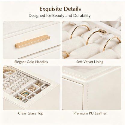 GUOER Jewelry Box for Women, Glass Lid Jewelry Organizer with 3 Drawers PU Jewelry Storage Case for Necklaces Rings Earrings Bracelets, Mother's Day, White