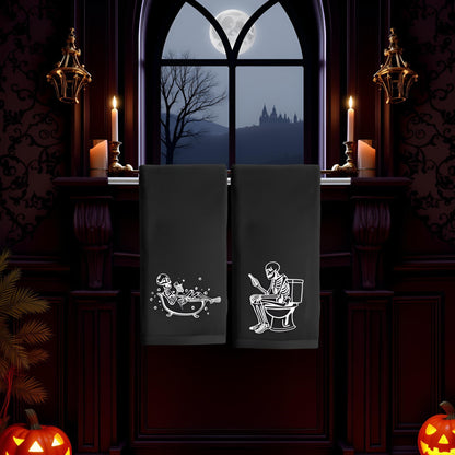 2 Pack Luminous Halloween Hand Towels 100% Cotton Embroidered Skull Halloween Kitchen Towels Glow in The Dark Black Skeleton Bathroom Towels Seasonal Bathroom Decor (Black Skeleton, Halloween)