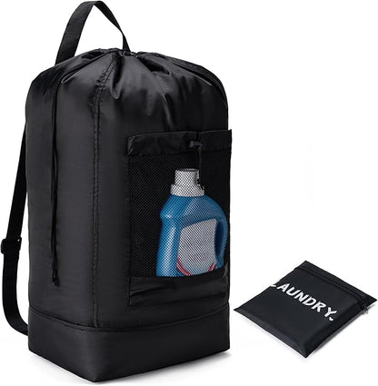 Aegero Backpack Laundry Bag,Large Travel Laundry Bags with Shoulder Straps and Mesh Pockets,Laundry Backpack with Drawstring Closure for College,Trave,Dorm, Apartment,Laundromat (Black)
